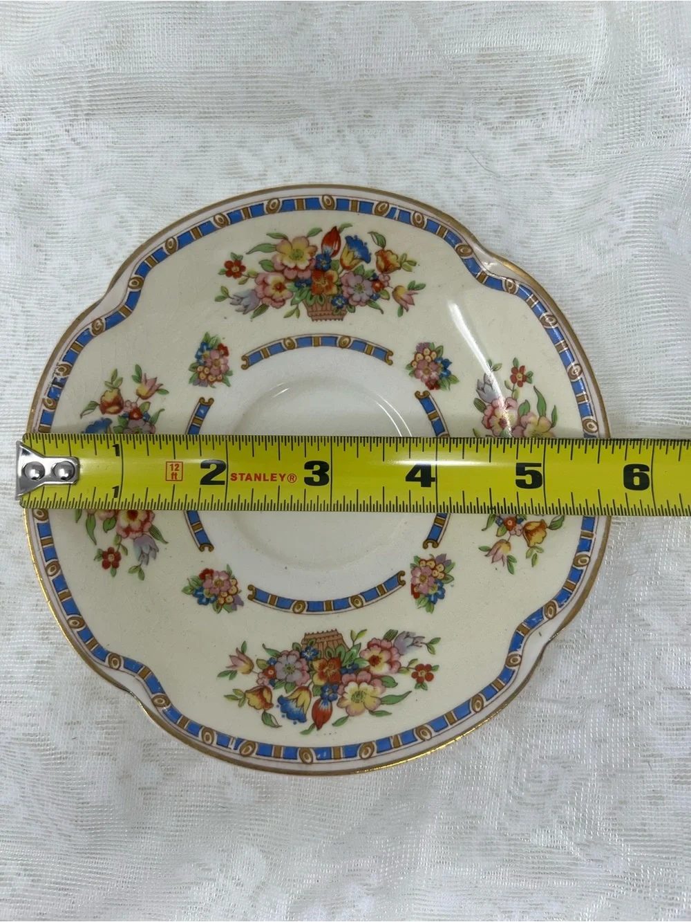 Victoria Floral Basket Pattern Saucer in Pareek scalloped shape